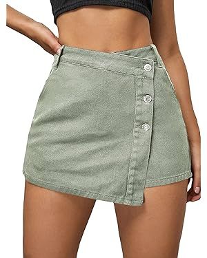 WDIRARA Women's High Waisted Button Front Denim Skort Asymmetrical Hem Skirt Shorts | Amazon (US)