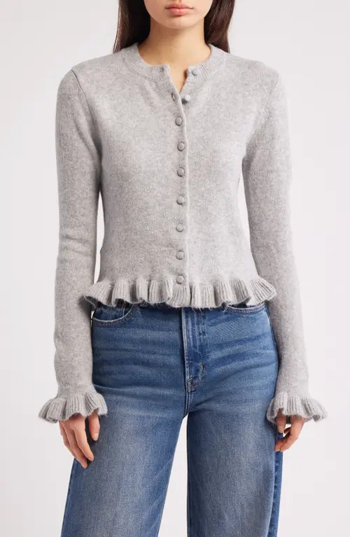MANGO Fleur Ruffle Cardigan in Medium Heather Grey at Nordstrom, Size Large | Nordstrom