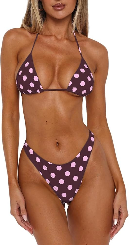 Women Polka Dot Bikini Sets Sexy Halter String Triangle High Cut Cheeky 2 Piece Bathing Suit | Amazon (US)