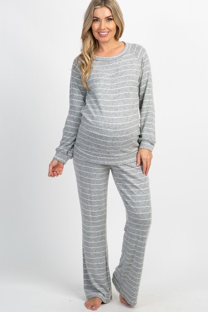 Heather Grey Striped Soft Long Sleeve Maternity Pajama Set | PinkBlush Maternity