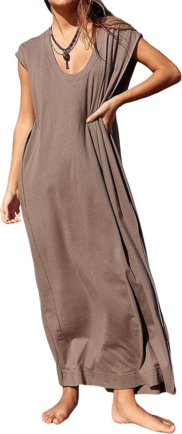 MAINESAKA Women's Sleeveless Loose Sundress Solid Color Scoop Neck T-Shirt Maxi Dress Beach Casua... | Amazon (US)