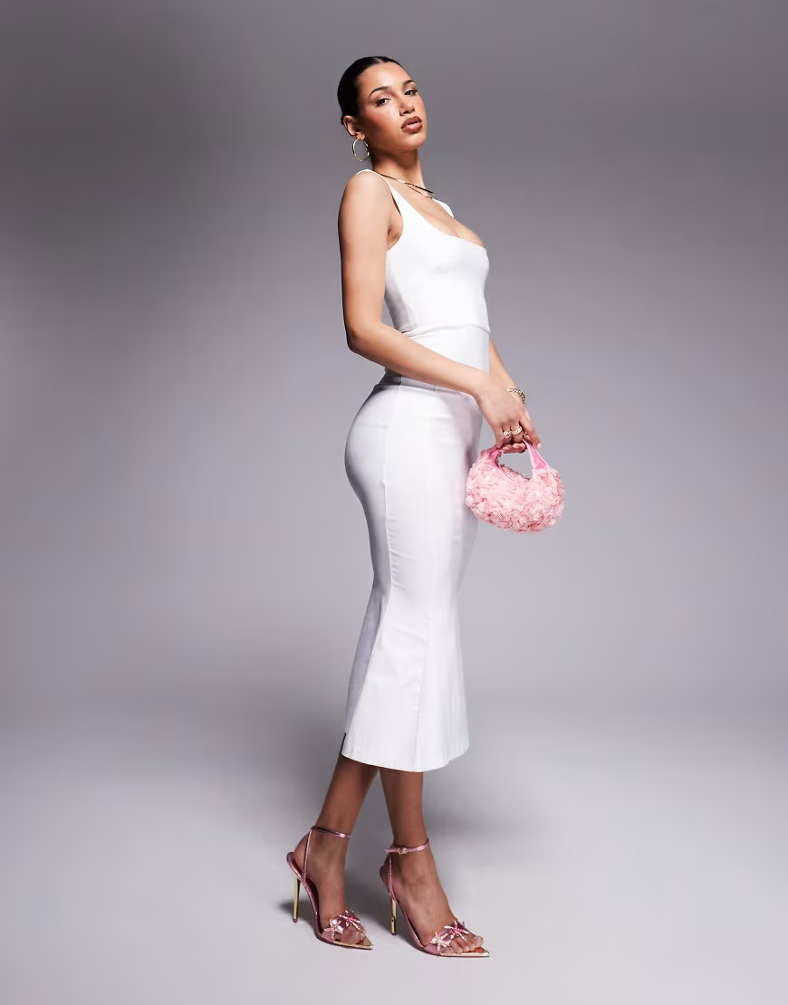 Vesper bengaline sleeveless square neck fishtail midi dress in white | ASOS (Global)