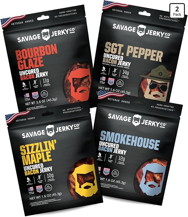 SAVAGE Bacon Jerky Variety - Sizzlin Maple, Bourbon Glaze, Smokehouse, Sgt. Pepper (Pack of 4) - ... | Amazon (US)