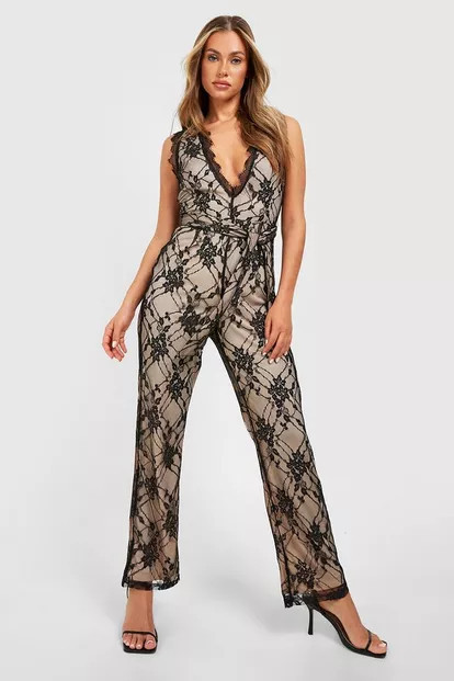 Lace Plunge Tie Detail Straight Leg Jumpsuit | Boohoo.com (UK & IE)