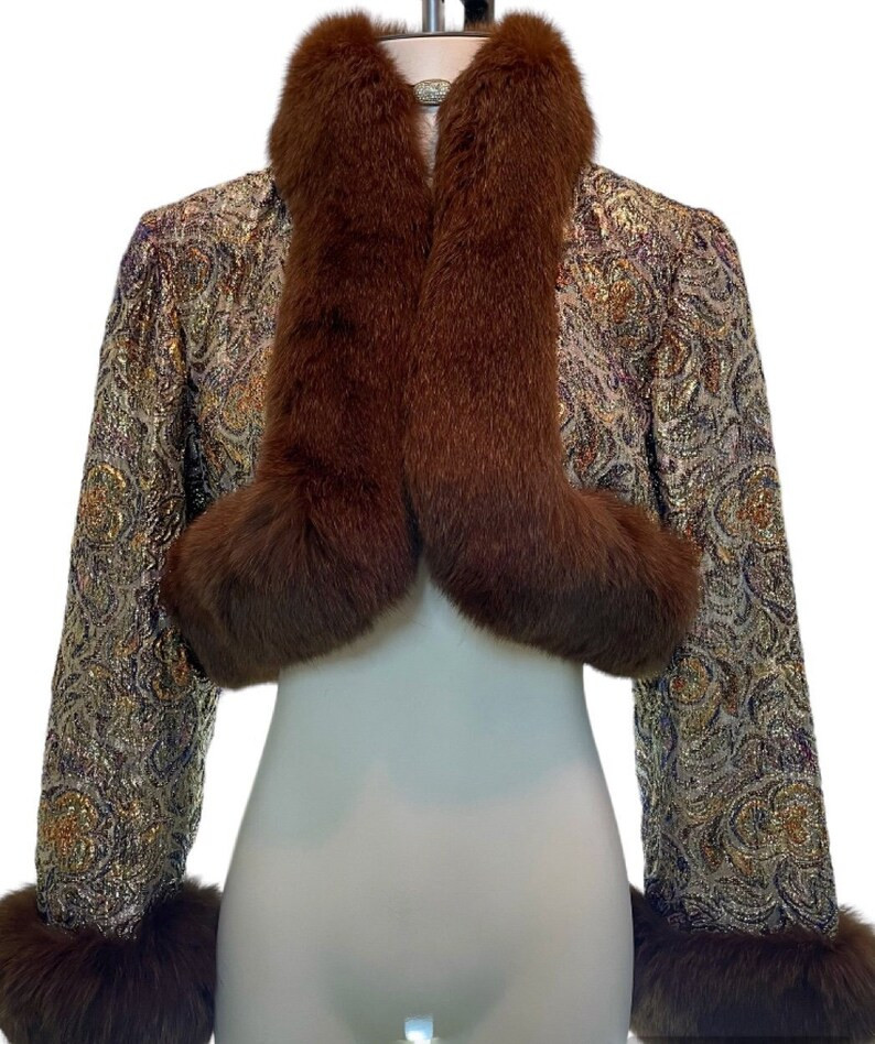 Vintage | Saks Fifth Avenue Metallic Brocade Bolero Jacket | Brown Genuine Fox Fur | Gold | Bronz... | Etsy (US)