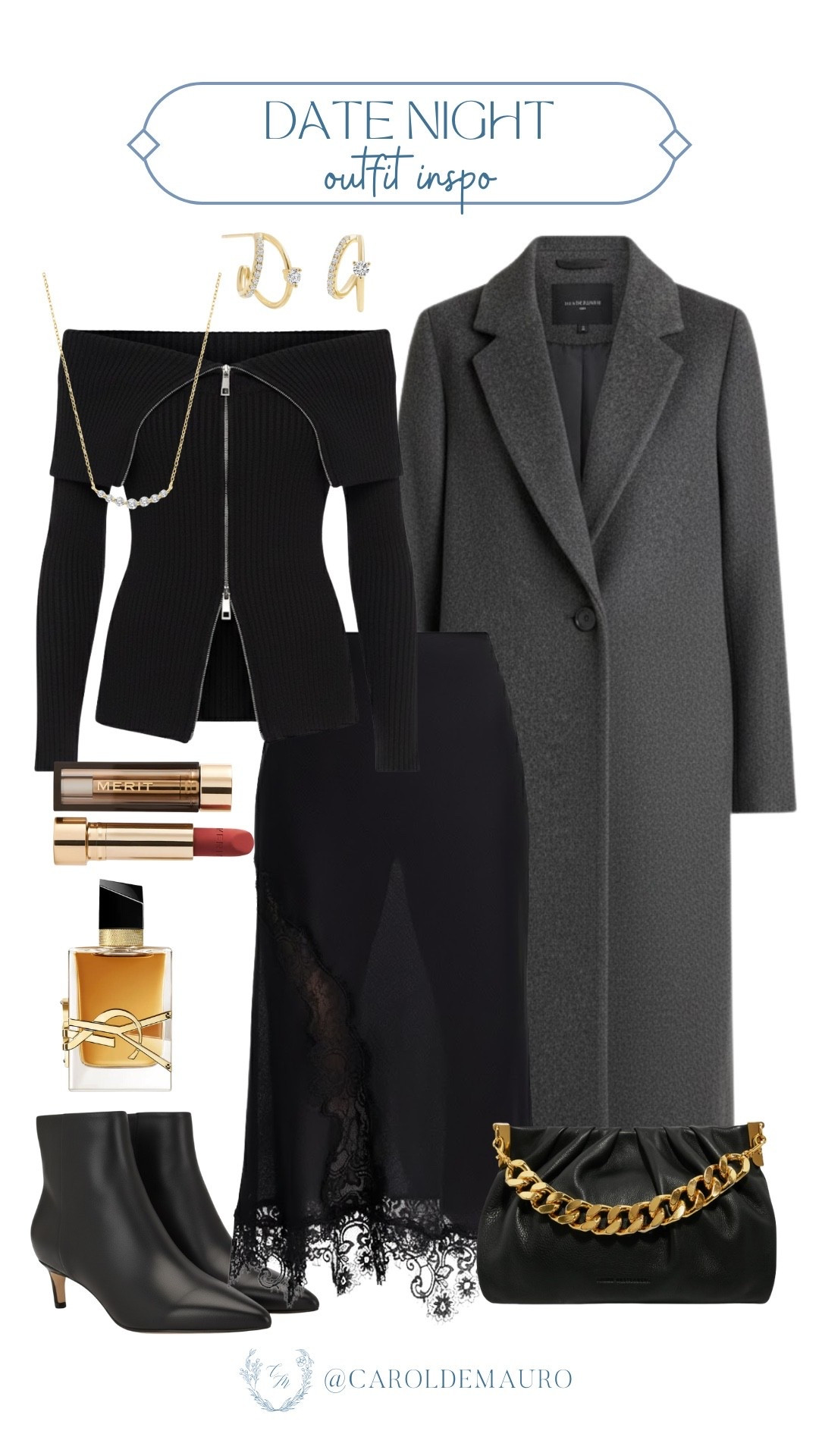 Here's the perfect cool girl vibe for date night with a mix of a black off-the-shoulder zip-up cardigan, a moody lace skirt, a tailored grey coat, and some gold accents!

nightout look, weekend date, monochrome style, clean girl, old money aesthetic, parisian look, winter outfit, casual chic

#LTKSeasonal #LTKFindsUnder50 #LTKU