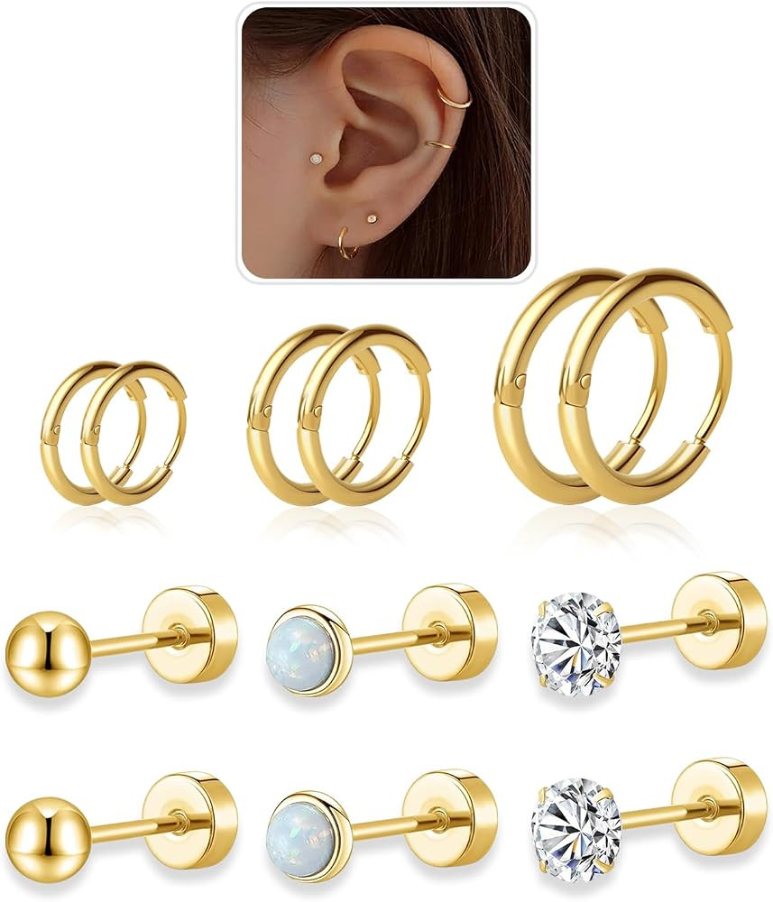 Flat Back Stud Earrings and Small Hoops Earrings Sets for Multiple Piercing for Women Men,Lightwe... | Amazon (US)