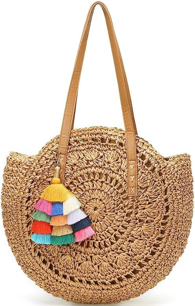 Straw Bag Round Summer Straw Large Woven Beach Bag Purse For Women Vocation Tote Handbags With Po... | Amazon (US)