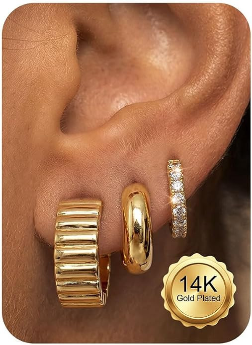 14K Gold Plated Hoop Earrings Stacks for Women - Hypoallergenic Huggie Hoops Earrings for Sensiti... | Amazon (US)