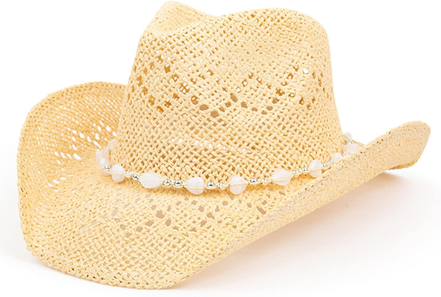 Western Cowgirl Hat, Straw Cowboy Hat for Women with Shapeable Brim, Beaded Hearts Trim, Shapeabl... | Amazon (US)