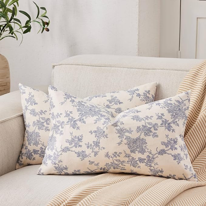 100% Cotton French Pastoral Lumbar Throw Pillow Covers Set of 2, 12x20 Inch Blue Farmhouse Decora... | Amazon (US)