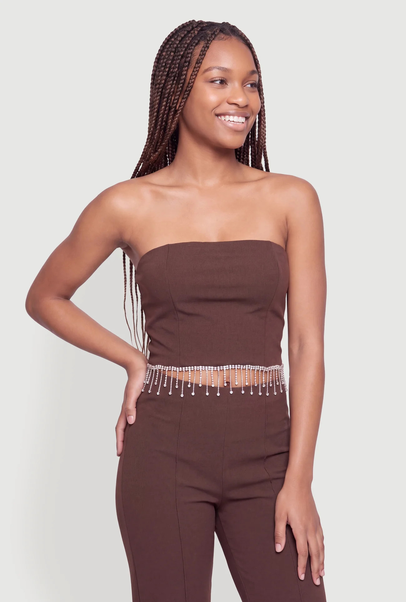 Rhinestone Fringe Strapless Crop Top | Rainbow Shops