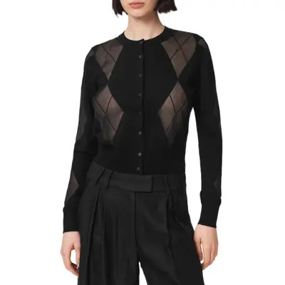 AllSaints Bern Argyle Merino Wool Cardigan in Black at Nordstrom, Size Small | Nordstrom