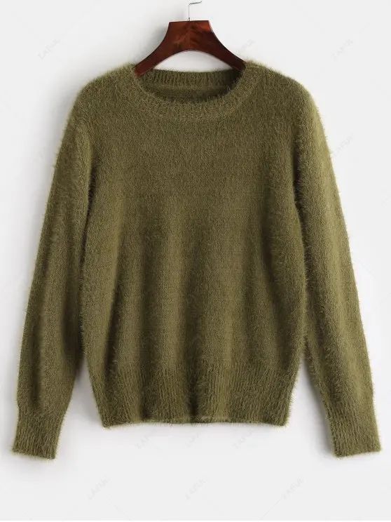 ZAFUL Fuzzy Textured Plain Sweater   AVOCADO GREEN | Zaful UK