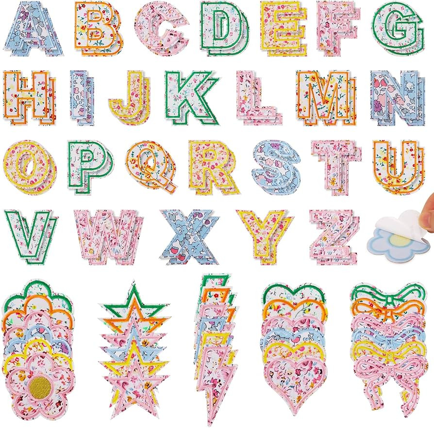 82Pcs Self-Adhesive Letters Patches for Clothing, Floral Varsity Letters & Cute Shape Stickers, N... | Amazon (US)