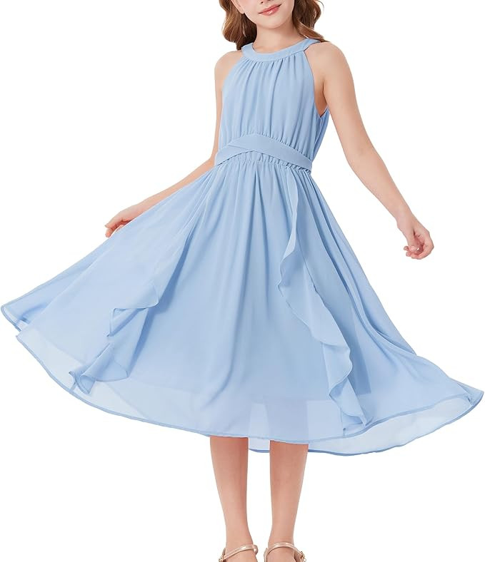 GRACE KARIN Girls Halter Neck Dress Midi Party Casual Chiffon Weeding Sundress Swing Pleated Dres... | Amazon (US)