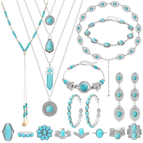 NEWITIN 20 Pieces Silver Bohemian Jewelry Set for Women Fashion Costume Jewels Turquoise Necklace Bracelet Ring Earrings Western Turquoise Jewelry Set for Women | Amazon (US)