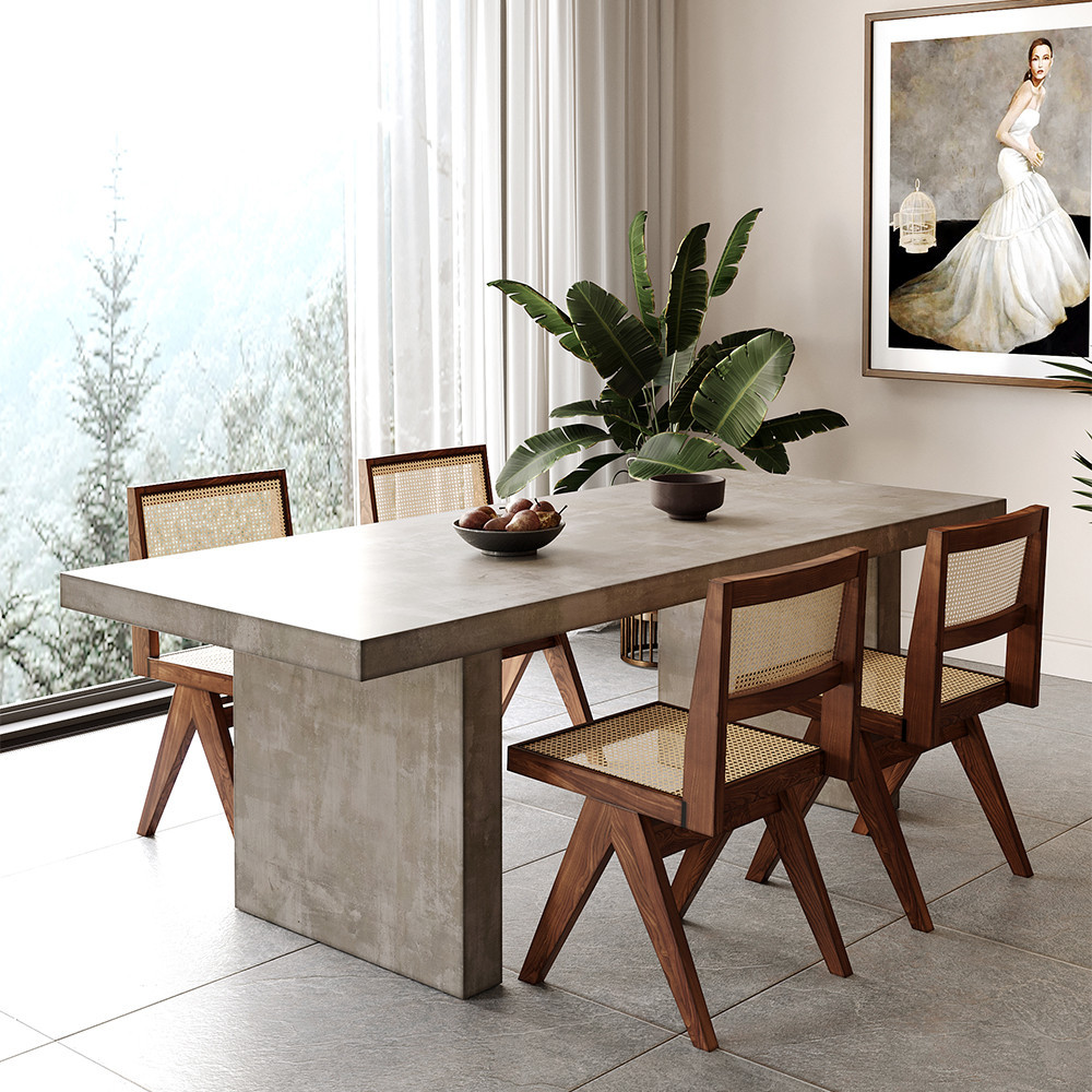 Dining Table Set 71"" Rectangular Farmhouse Dining Table & 4 Walnut Rattan Dining Chairs | Homary
