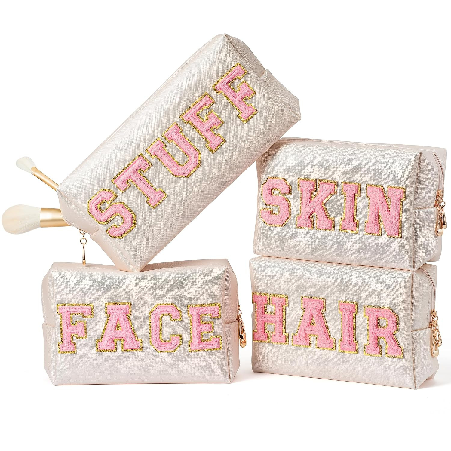 Y1tvei 4Pcs Preppy Patch Varsity Letter Makeup Bag Sewn with Pink Skin Hair Face Stuff Chenille L... | Amazon (US)