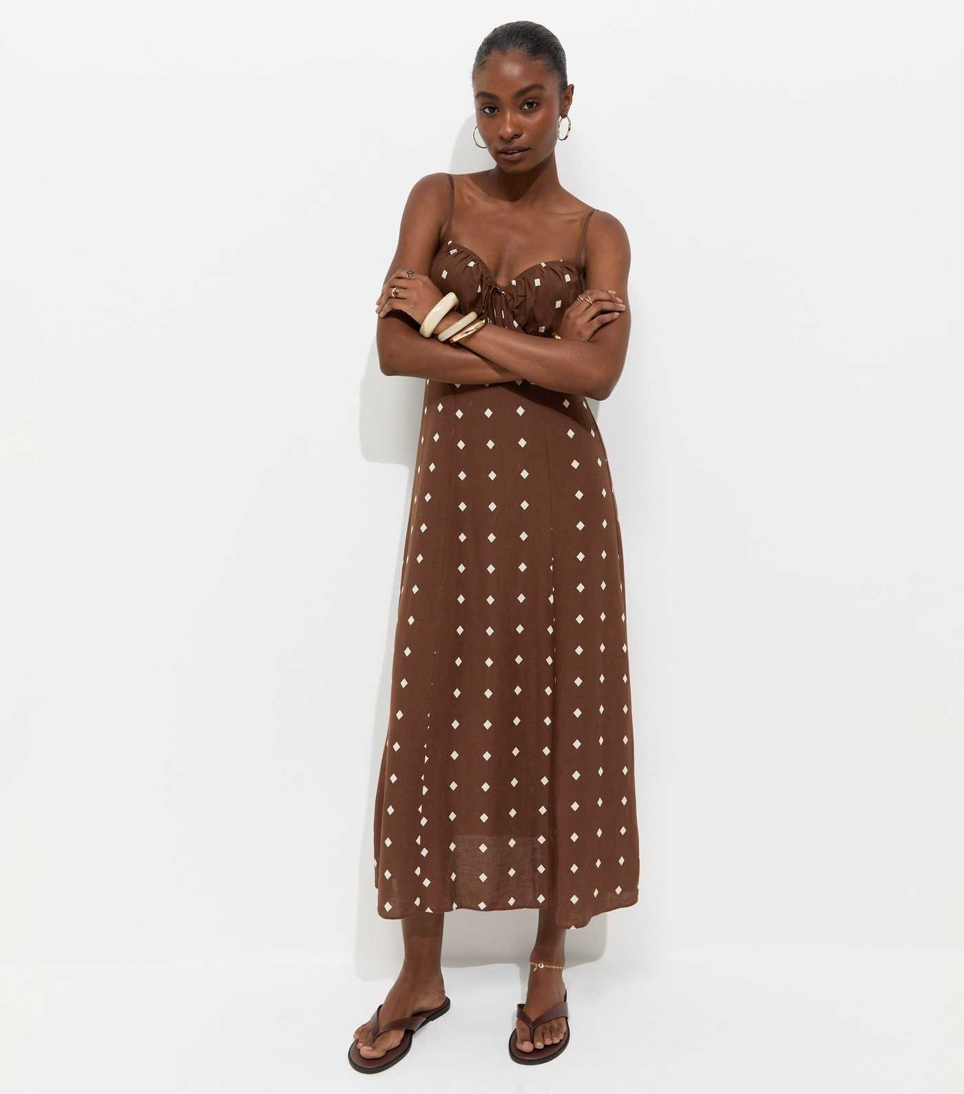 Brown With Linen Diamond Strappy Midi Dress | New Look | New Look (UK)