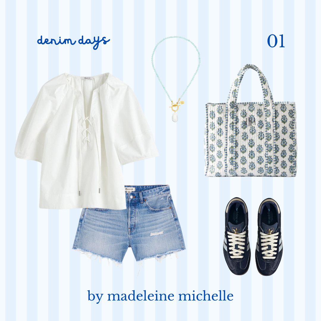 the college class outfit guide | denim days! denim shorts, lace-up blouse, summer outfit, college outfit, casual summer style, block print tote bag, navy adidas sneakers, charm necklace, classic casual look, easy summer outfit, everyday style, blue and white outfit, lightweight summer top

 

 #LTKSeasonal #LTKFindsUnder100 #LTKStyleTip