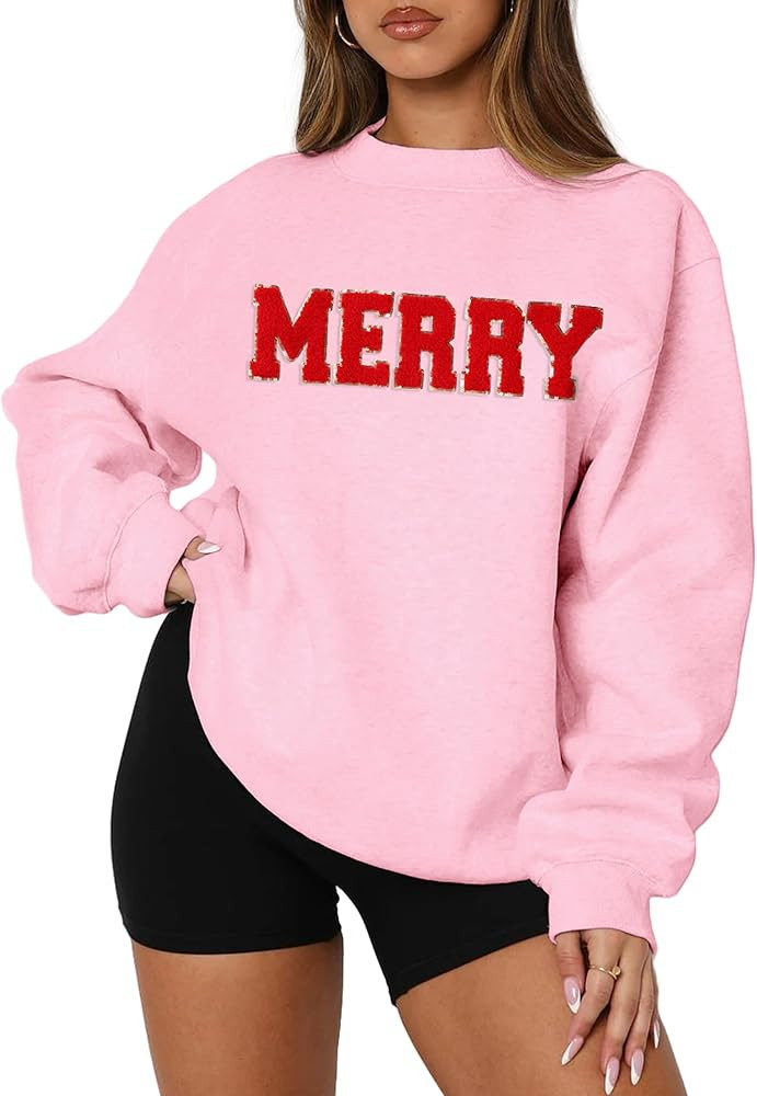 MAPICK Merry Sweatshirt for Women Christmas Fleece Linend Sequin Sweaters Crewneck Oversized Long... | Amazon (US)