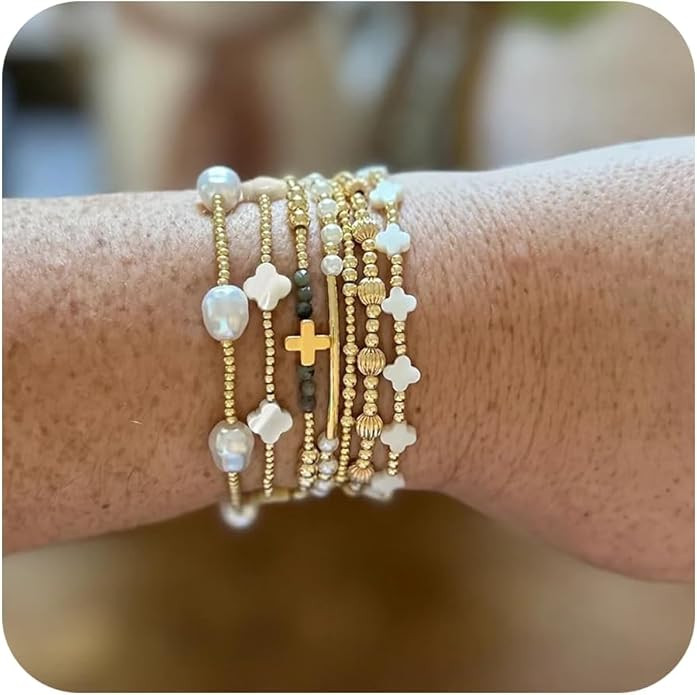 7PCS Dainty Cross Clover Gold Beaded Pearl Bracelet Stack for Women,Handmade Boho Gold Plated Bea... | Amazon (US)