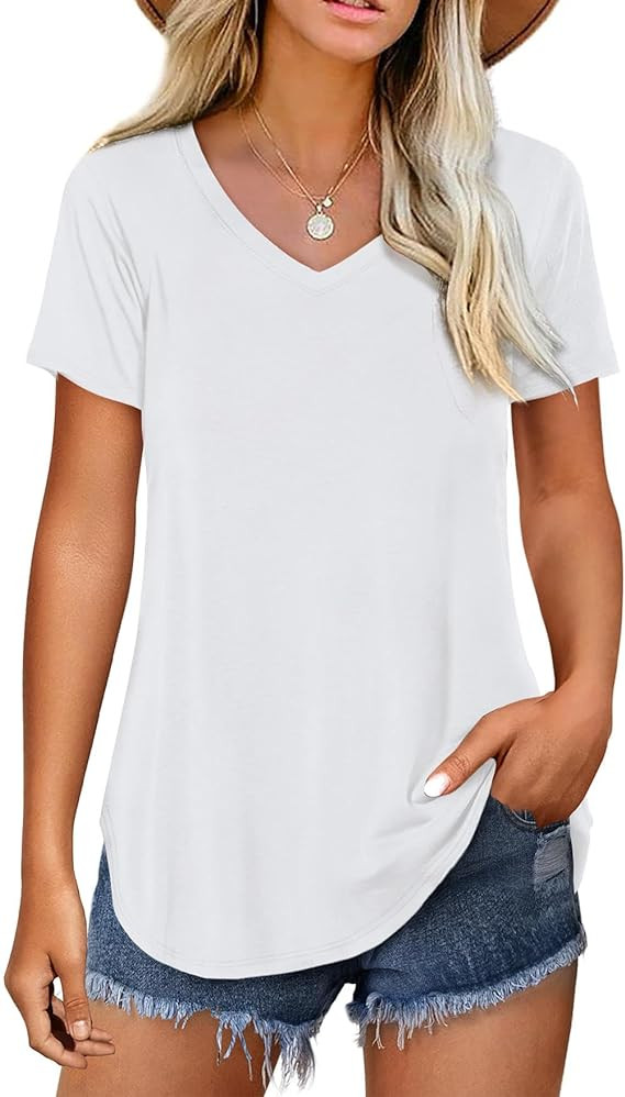 Amoretu Women V Neck T-Shirt Casual Short Sleeve Plain Tee Shirts Blouses | Amazon (US)