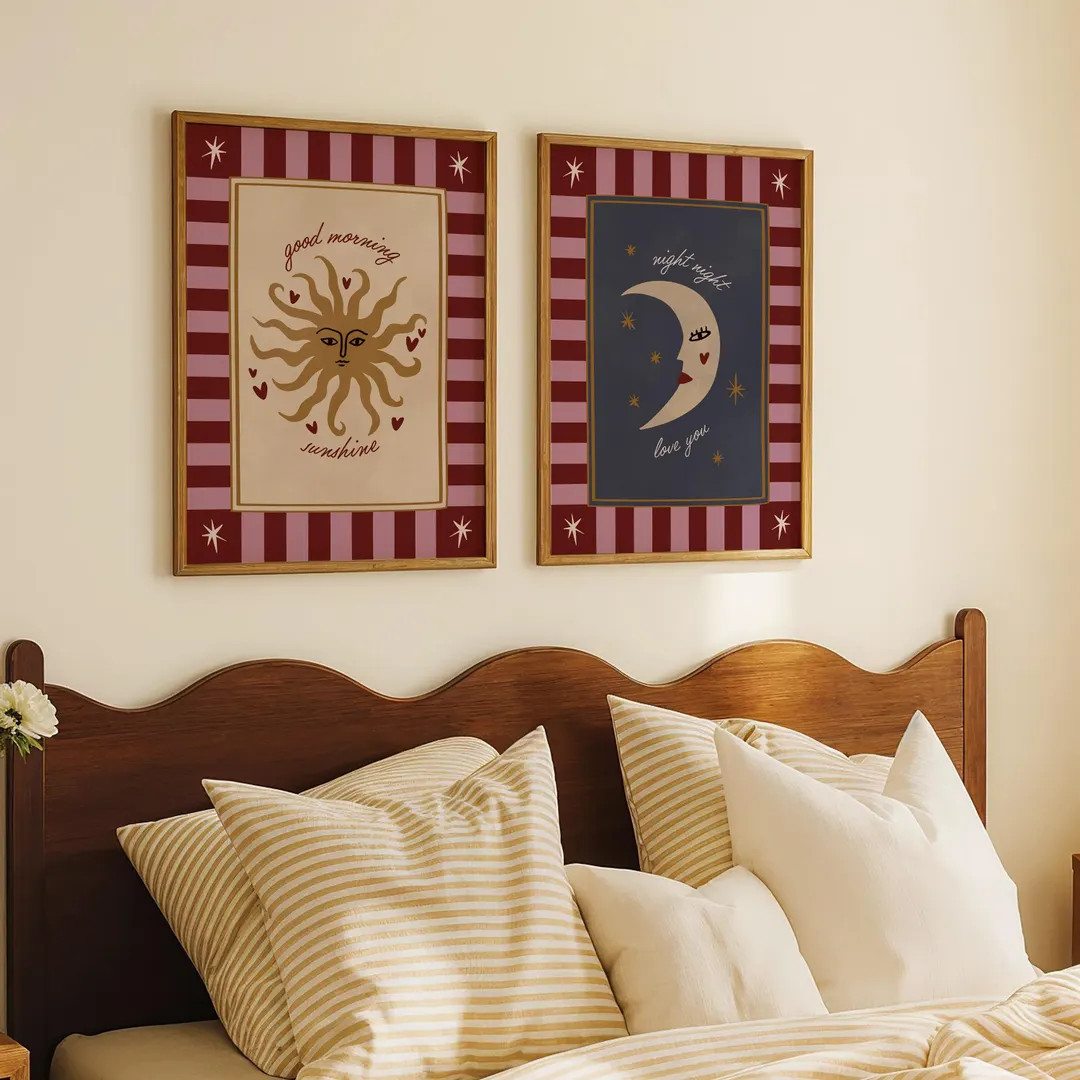 Vintage Sun & Moon Prints Set of 2: Above Bed Art for Bedroom, Burgundy Wall Art, Cool Nursery Wa... | Etsy (US)