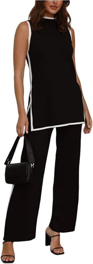 Lounge Sets for Women Sweater 2 Piece Outfits Sleeveless Sweater Vest Top Wide Leg Pants Matching... | Amazon (US)