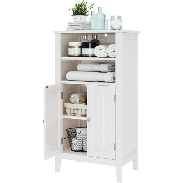 Homfa 2 Tier Shelves Bathroom Storage Cabinet, Wood Storage Floor Cabinet with 2 Doors, White | Walmart (US)