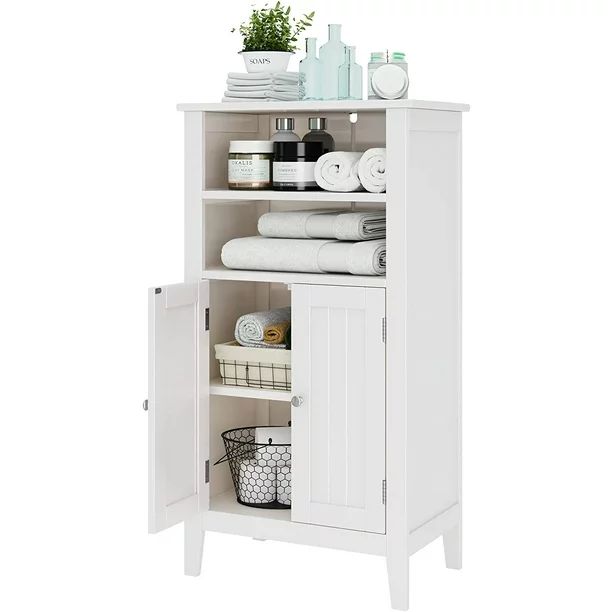 Homfa 2 Tier Shelves Bathroom Storage Cabinet, Wood Storage Floor Cabinet with 2 Doors, White | Walmart (US)