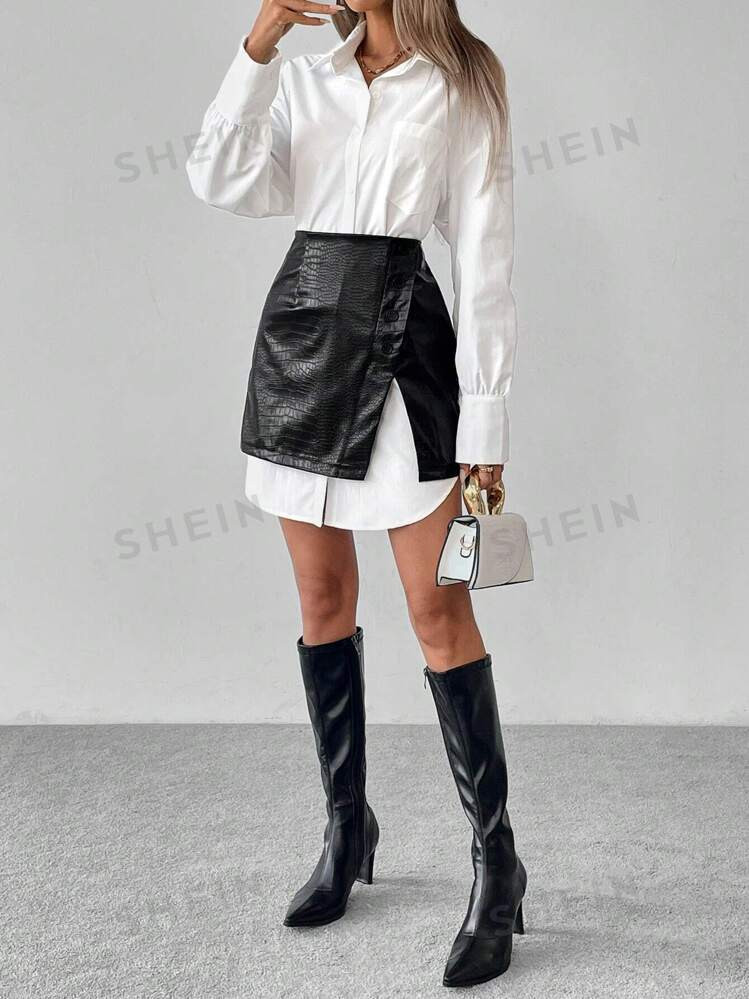 SHEIN Raffinéa Long Solid Color Shirt + Leather Split Midi Skirt | SHEIN USA | SHEIN