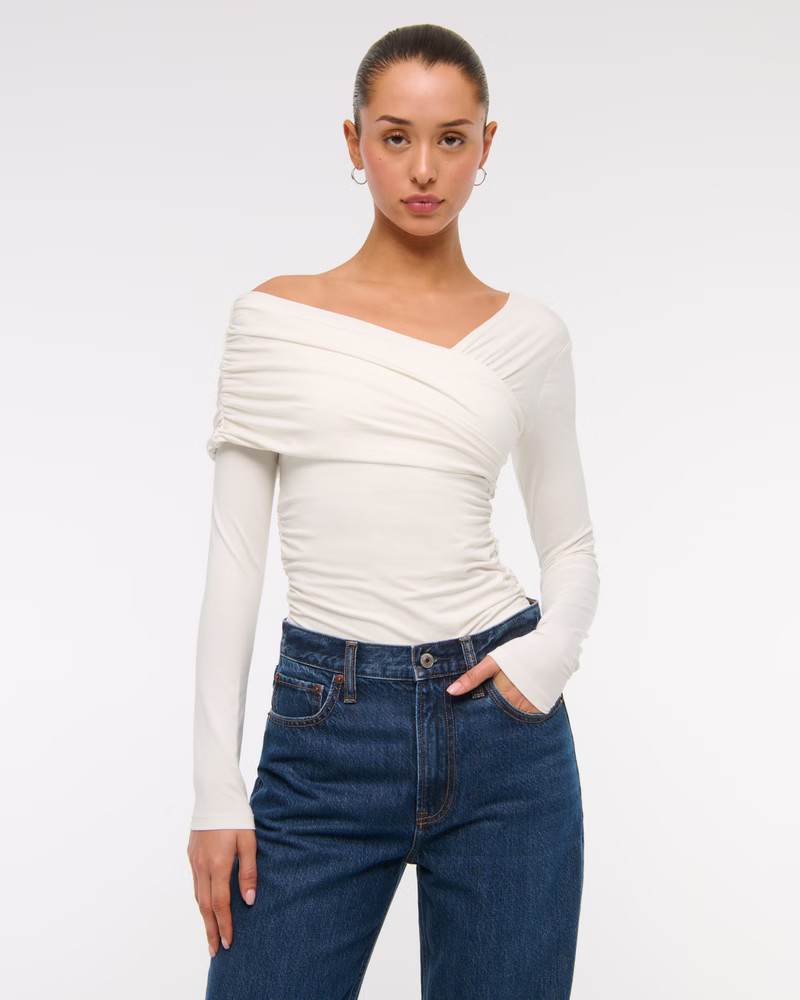 Long-Sleeve Off-The-Shoulder Draped Wrap Top | Abercrombie & Fitch (US)