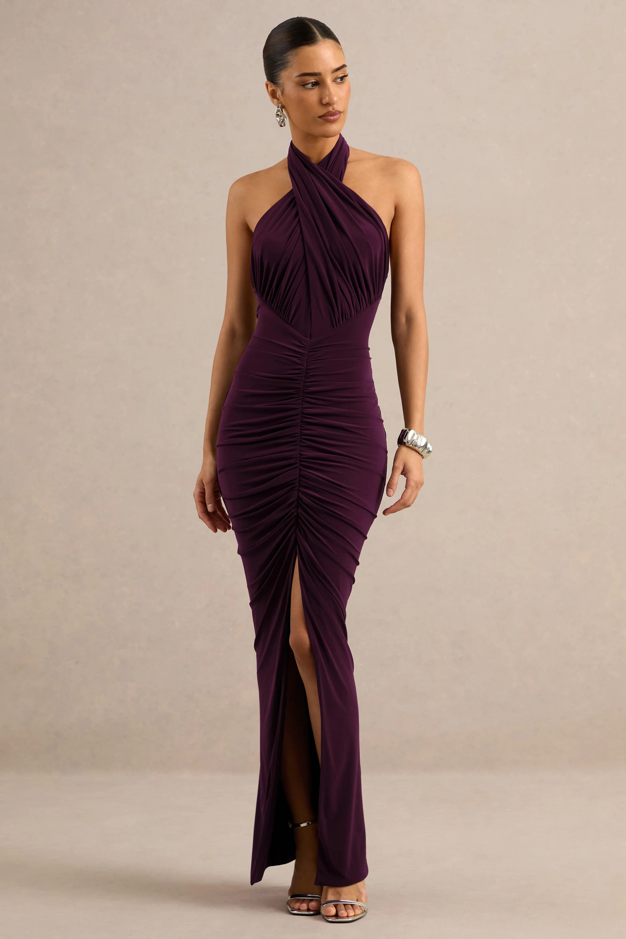 Alinor | Plum Wrap Halter-Neck Maxi Dress With Ruched Detailing | Club L London