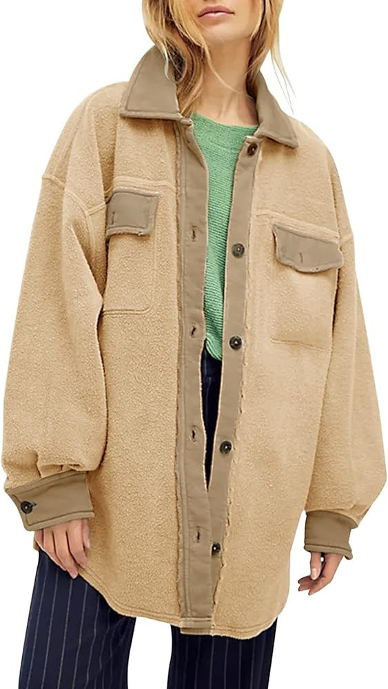 Womens Oversized Long Sleeve Button Down Shirt Jacket Soft Comfy Casual Shacket Coats with Pocket... | Amazon (US)