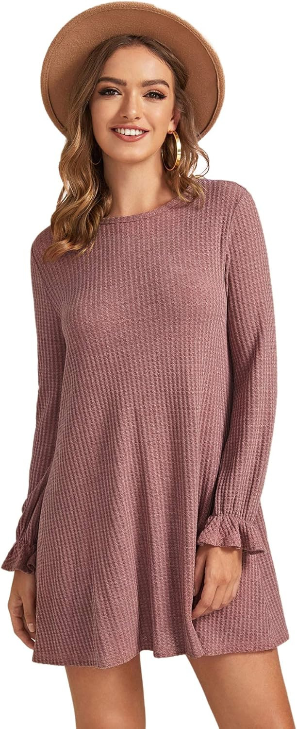 MAKEMECHIC Women's Casual Round Neck Ruffle Flounce Long Sleeve Knit Short Dress | Amazon (US)