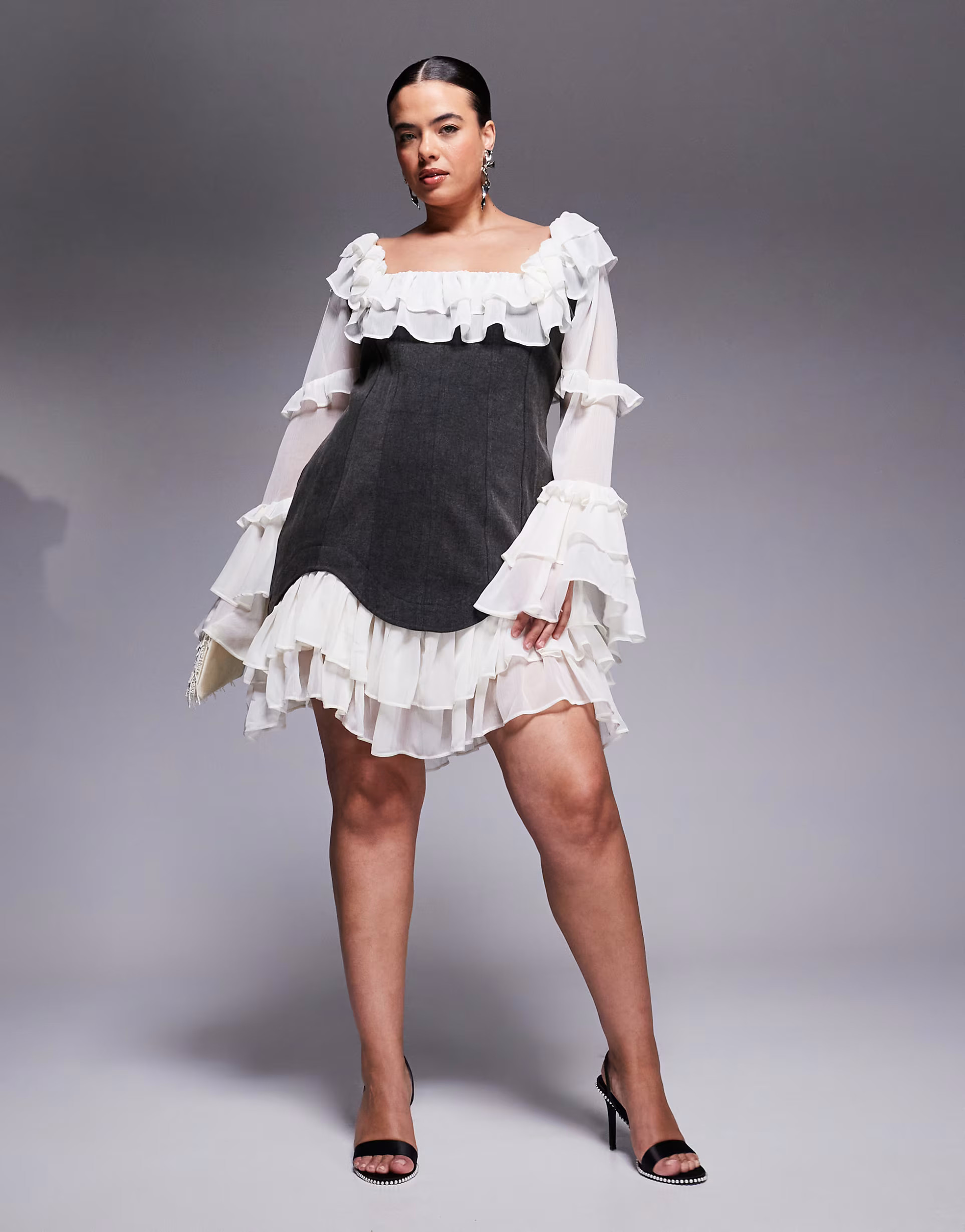 ASOS LUXE Curve denim corset mini dress with chiffon sleeves and hem in black | ASOS | ASOS (Global)