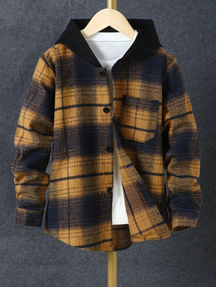 Boys Plaid Patched Pocket Hooded Shirt Without Tee | SHEIN