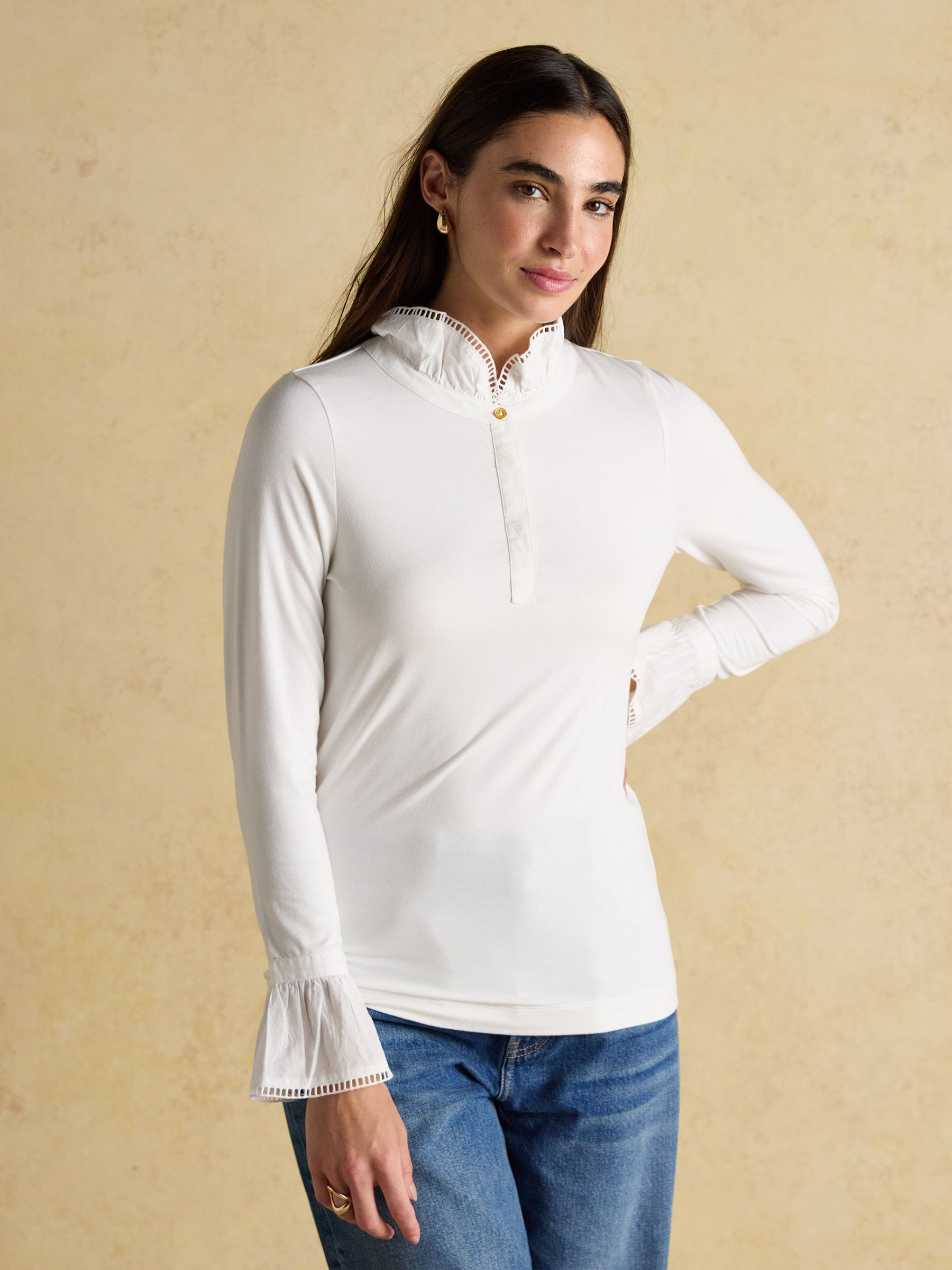 Kate White Long Sleeve Frilled Neck Top | Joules | Joules