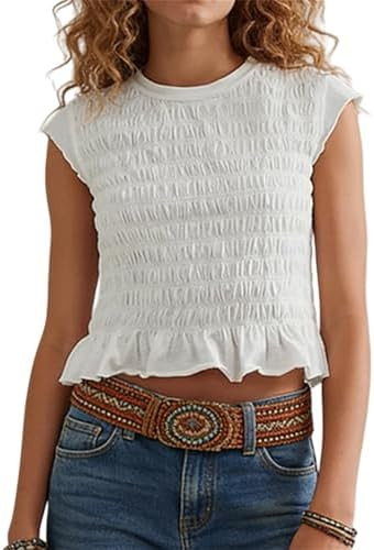Women Tank top Summer Smocked Tops Cap Sleeve Ruffle Hem Shirred Shirt Y2k Going Out Tops Vacatio... | Amazon (US)