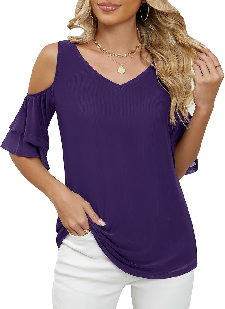LOMON Womens Tops Summer 2024 Cold Shoulder Short Sleeve Tunic Shirt Casual V Neck Mesh Double La... | Amazon (US)