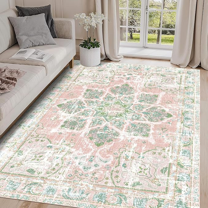 Vhong Boho Area Rugs Vintage Washable Neutral Modern Dusty Pink and Green 5x7 Non Slip Carpet for... | Amazon (US)