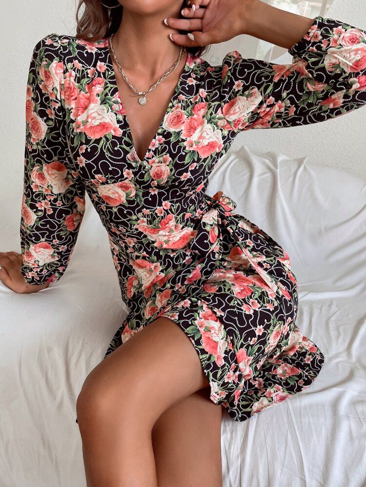 Wrap Hem Floral & Heart Print Dress | SHEIN