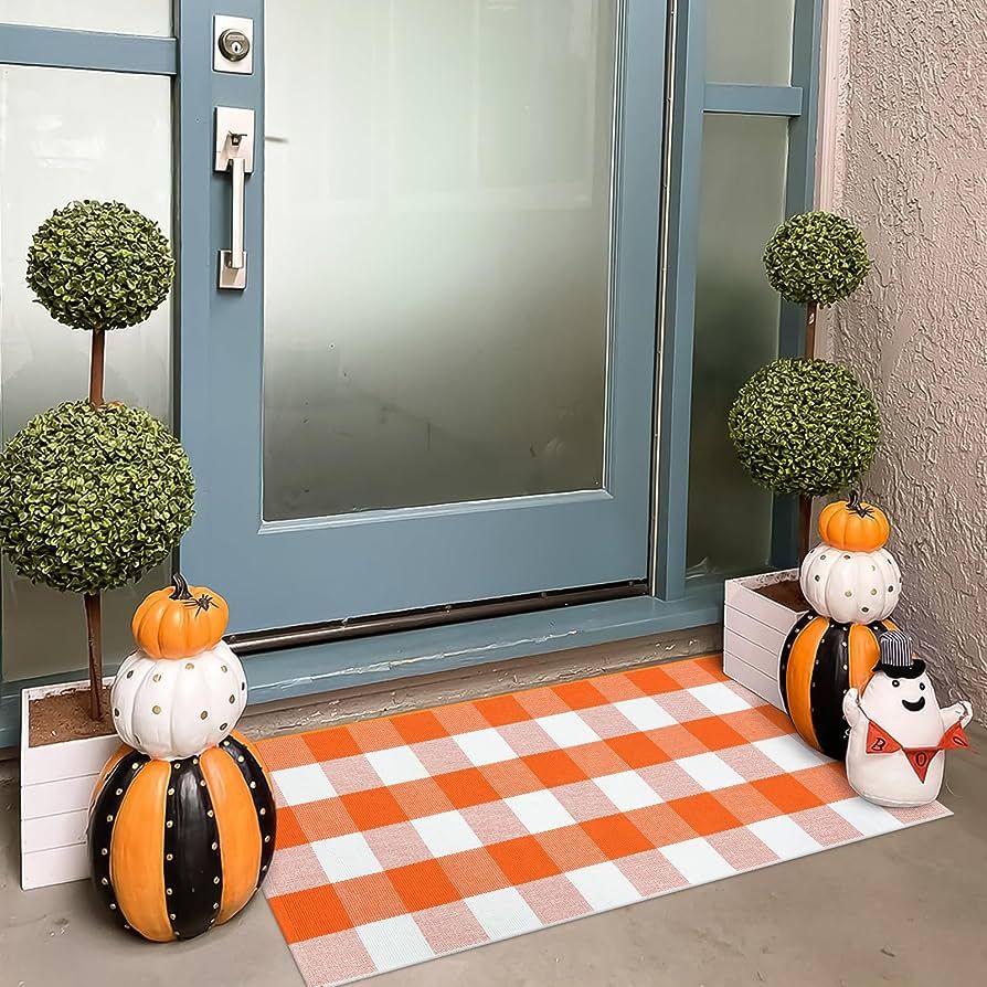 KIMODE Fall Door Mat Outdoor Orange and White 24"x51",Halloween Doormat,Washable Cotton Buffalo P... | Amazon (CA)