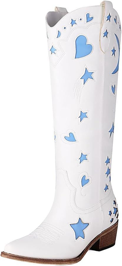 Western Cowboy Boots for Women Knee High, Stars Moon Heart Patterns Low Heel | Amazon (US)
