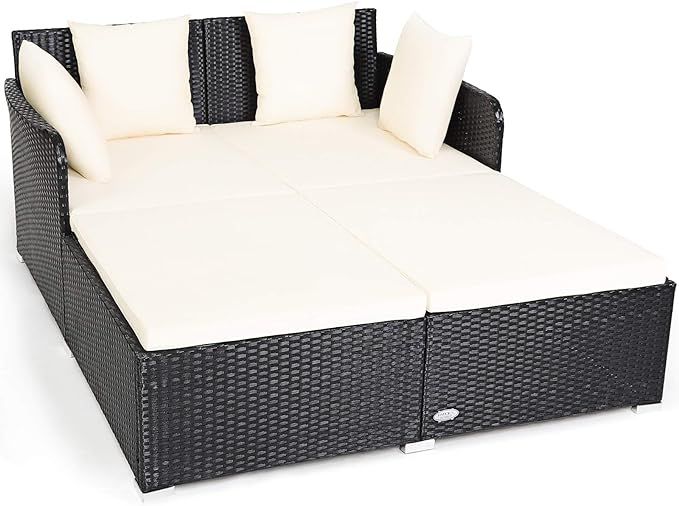Tangkula Outdoor Rattan Daybed, Sunbed Wicker Furniture w/Spacious Seat, Upholstered Cushion & Hi... | Amazon (US)