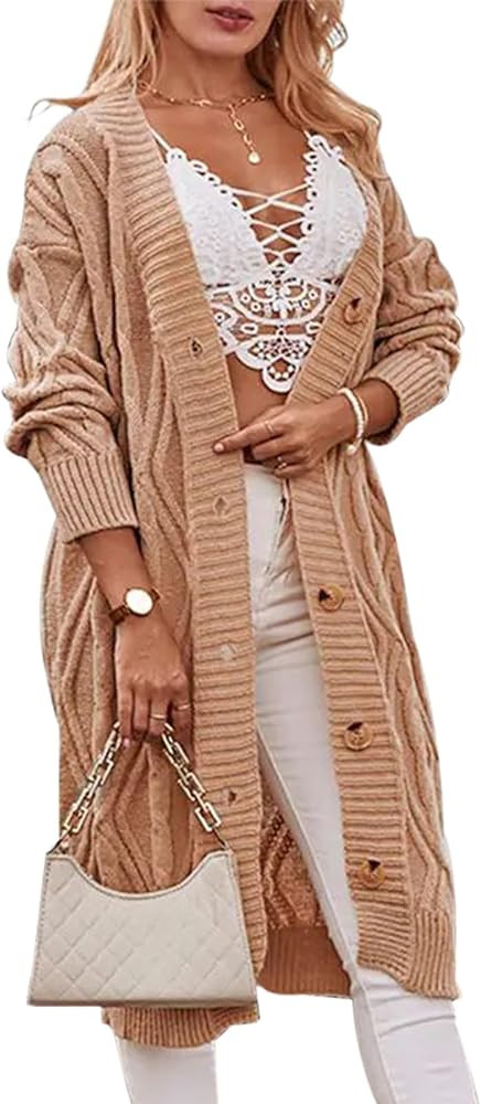 Womens Chunky Cable Knit Long Cardigan Open Front Sweaters Long Sleeve Button Down Sweater Outerwear | Amazon (US)