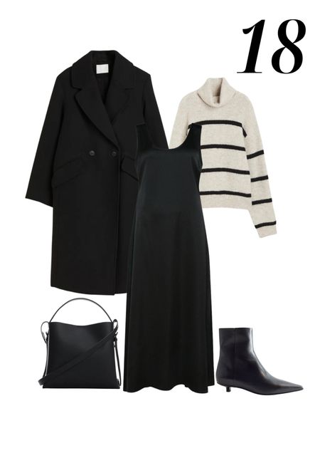 Black satin midi slip dress, stripe jumper/sweater, black wool coat, ankle boots, black shopper bag

#LTKstyletip