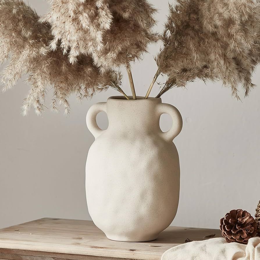Beige Ceramic Vase with 2 Handles Vintage Flower Vase for Home Decor Rustic Vases for Flowers Sto... | Amazon (US)